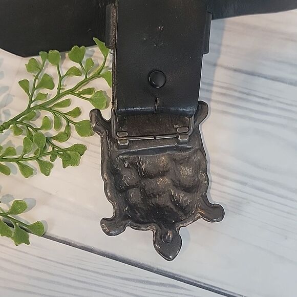Vintage 70s Black Leather Belt With Turtle Buckle By Paris' Size 40 - Picture 3 of 9